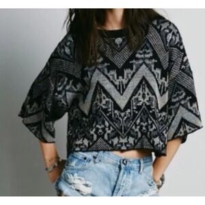 Free People Women Black Ivory Geometric Fair Isle Cropped Wool Blend Sweater M